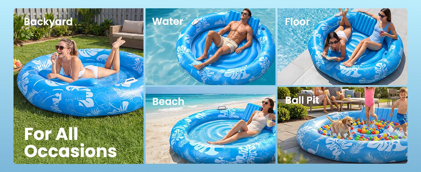 DSQUU XL-Inflatable Tanning Pool Lounger Float with Sprinkler, 72"x65" Round Pool Float Adults with Pillow XL Cup Holder Handle Blow Up Tanning Bed for Summer Sunbathing Water Lounge Party Gifts, Blue