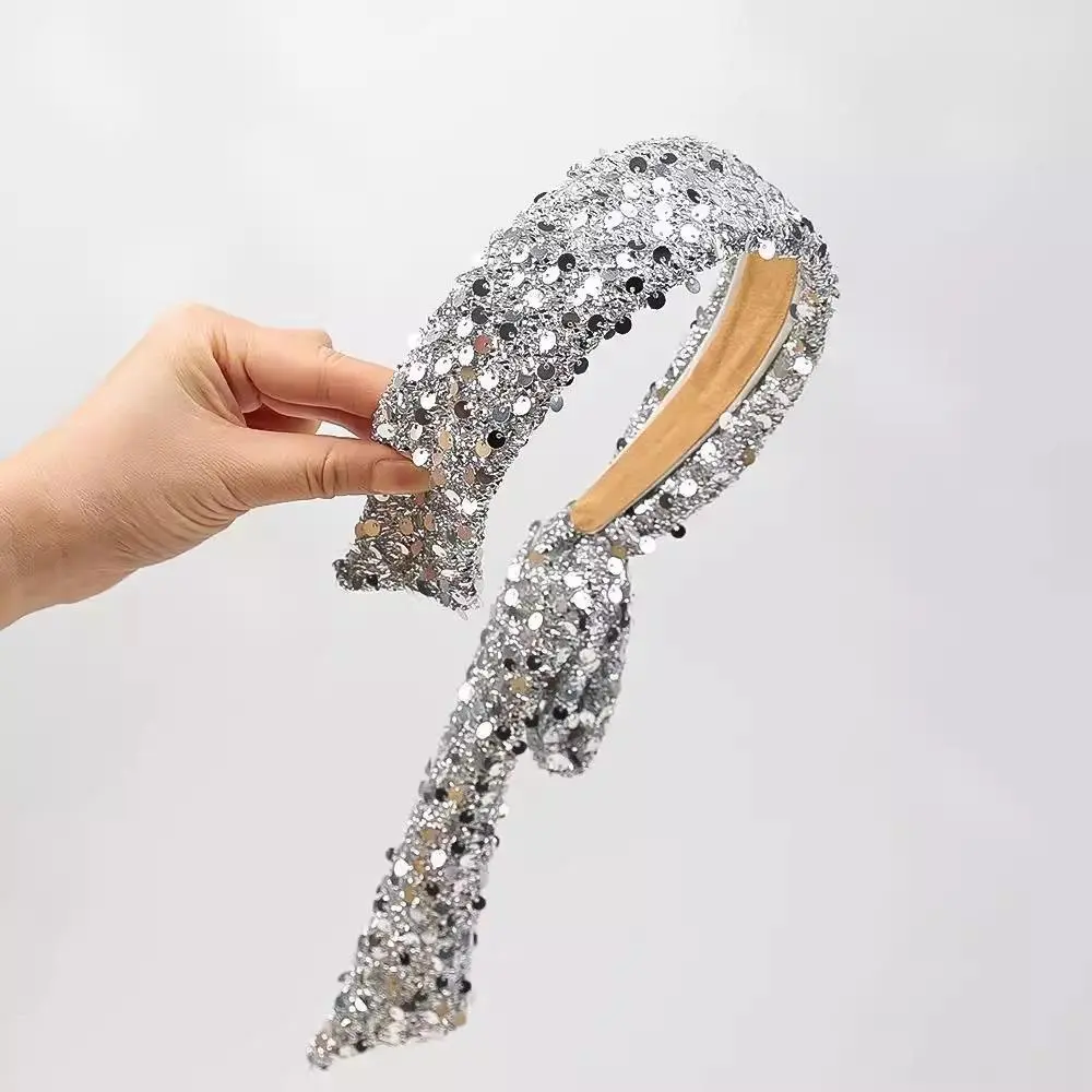 Women's Shiny Silver Sequin Wide Headband - Tassel Ribbon Accent, Premium Glamour Hair Hoop, Princess-Style Dress-Up Accessory for Parties, Concerts
