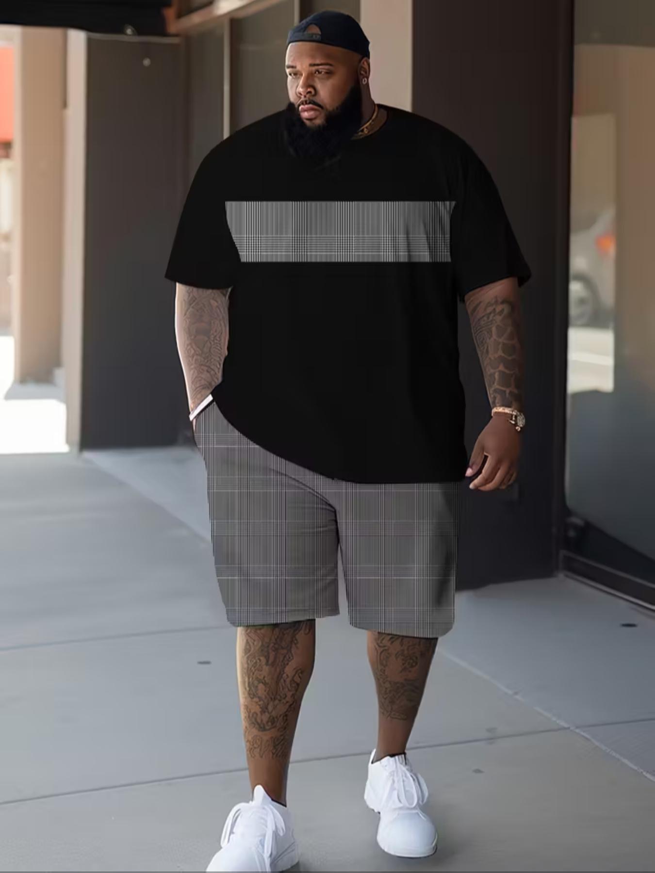 Men's Large Size Casual Athleisure Street Fit Sportswear Set, Plaid T-Shirt Top and Shorts 2-Piece Set, Perfect for Travel, Loose-Fit, All Seasons