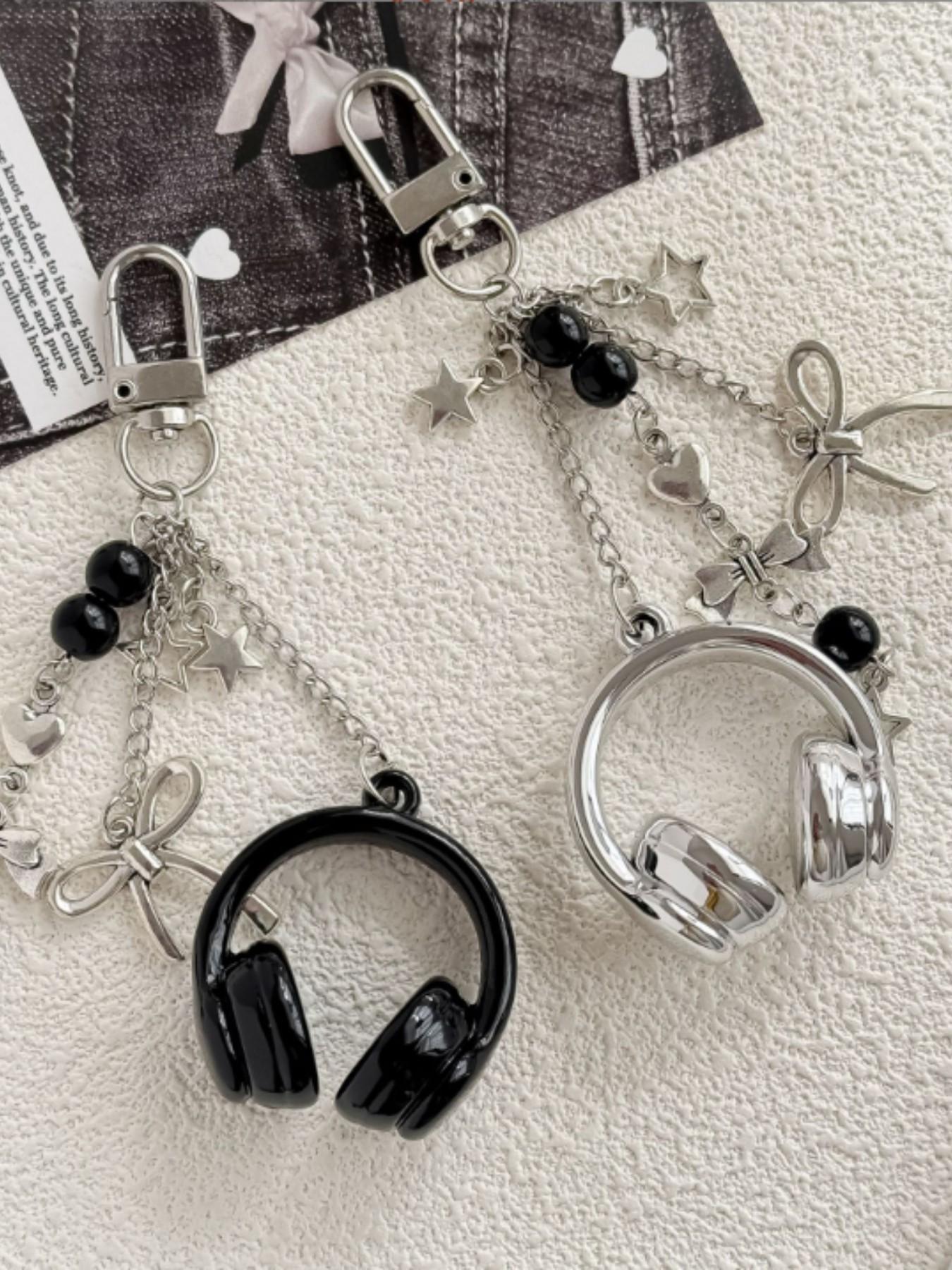 Cute Creative 3D Beaded Earphone Keychain Bag Charm, Headset Phone Strap Pendant,Music Headphone Keyring Bag Keychain Phone Chain Unisex Backpack Pendant Hanging Decoration Accessory,Ideal Gift for Friends/Besties/Family/Couple Black Silver Pink