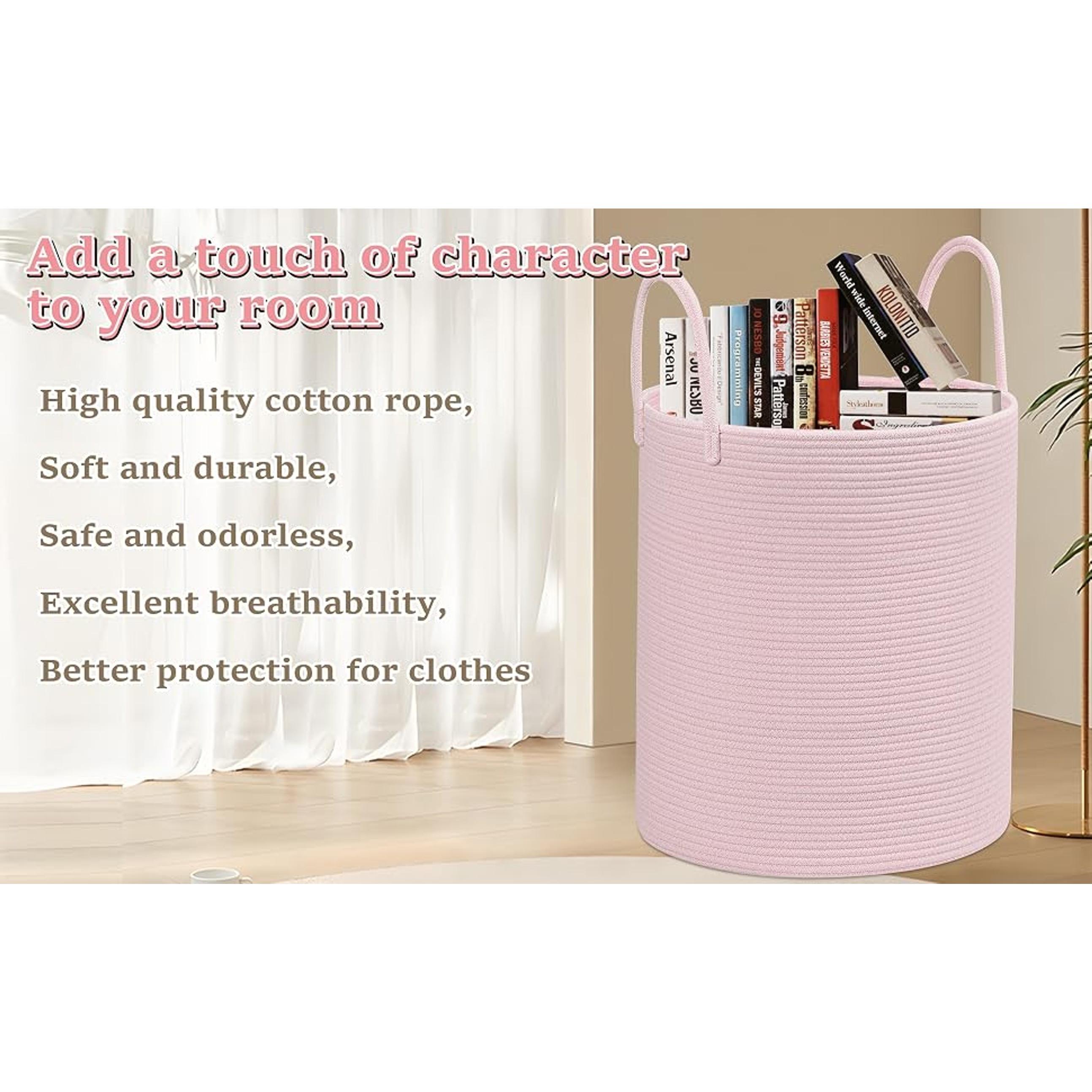 Pink Cotton Rope Laundry Hamper with Handles - 60L Large Collapsible Dirty Clothes Hamper, Sturdy Laundry Organization Container for Living Room, 15"x15"x18" Indoor Storage Organizer
