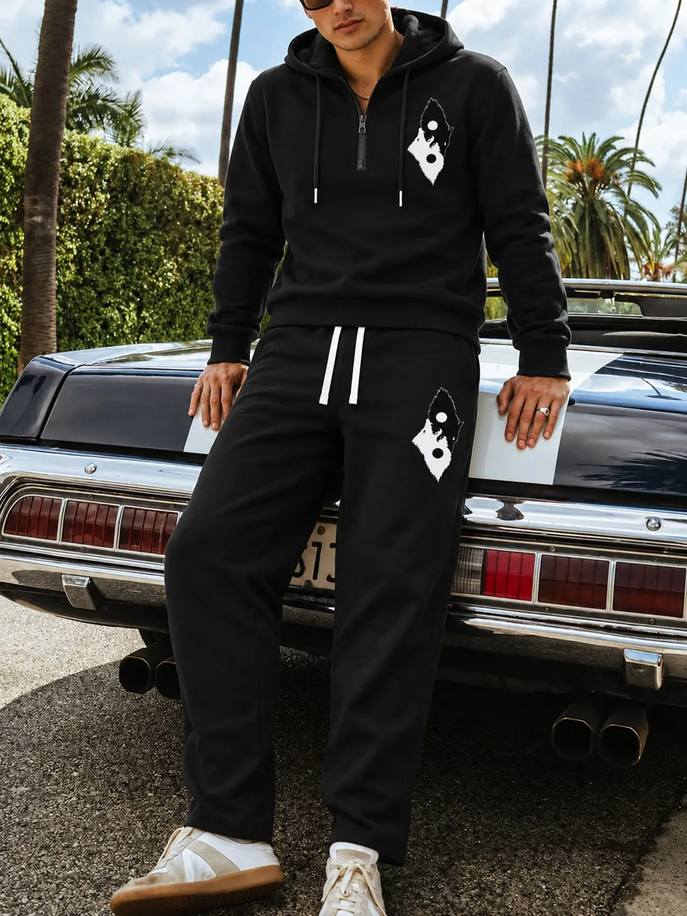 Men's 2pcs Sweatshirt Set, Streetwear Style, Black White Wolf Print, Hooded Fleece Half-Zip, Drawstring Pants, Daily Wear & Travel