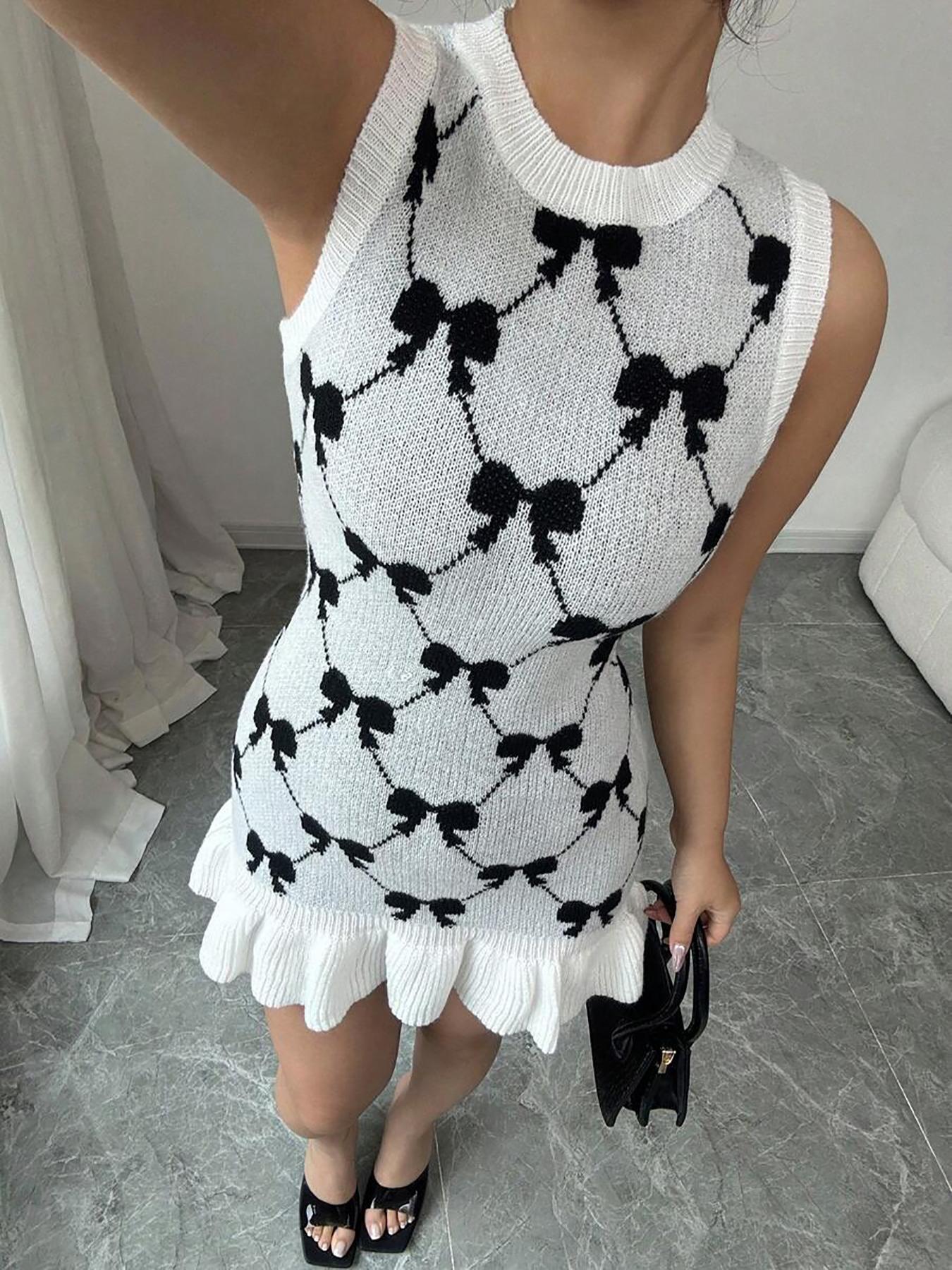 Women's Bow Print Ruffle Hem Sweater Dress, Sleeveless Round Neck Knit Casual Chic Fitted Elegant Dress for Summer, Fashion Women's Dress for Daily Wear, Casual Summer Chic Womenswear