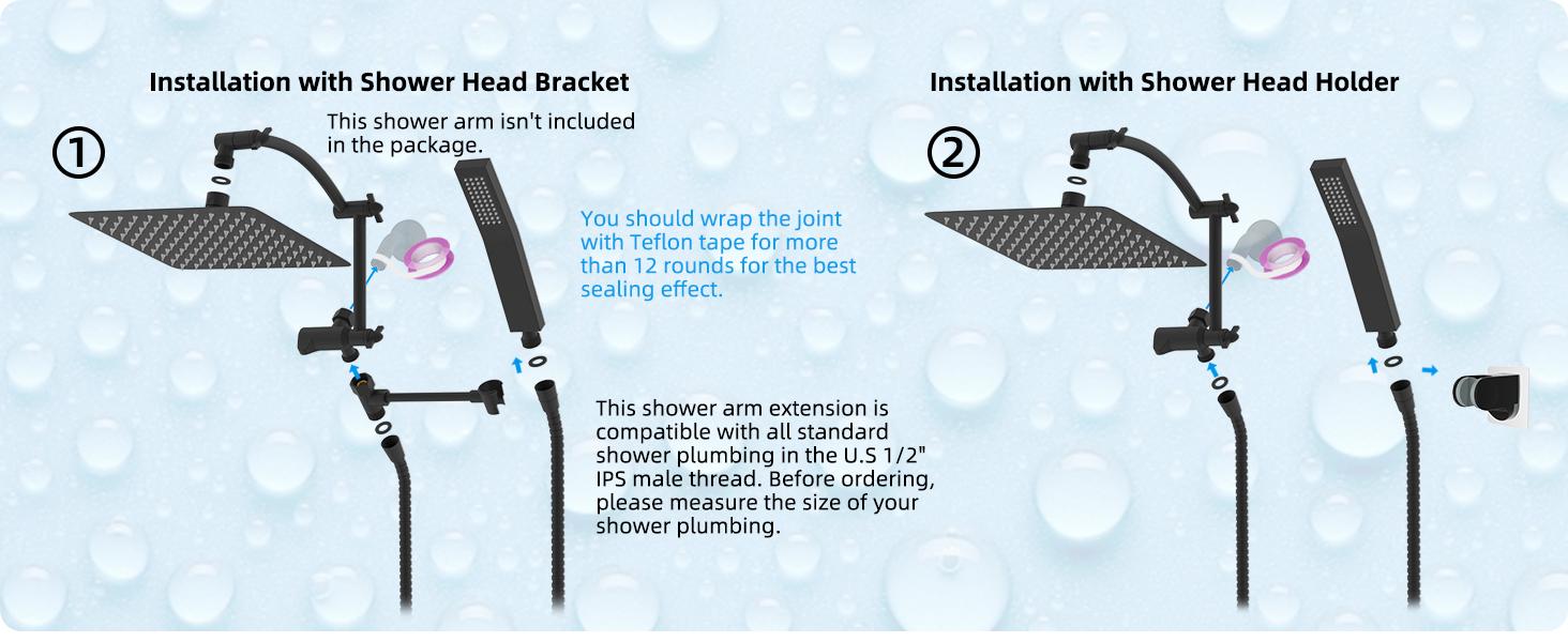 Hibbent All Metal 10'' Rainfall Shower Head, Square Shower Head Combo, High Pressure Handheld Shower Wand, 16'' Adjustable Arc-shaped Shower Extension Arm, 71'' Hose, 2 Showerhead Holders, Matte Black rain shower