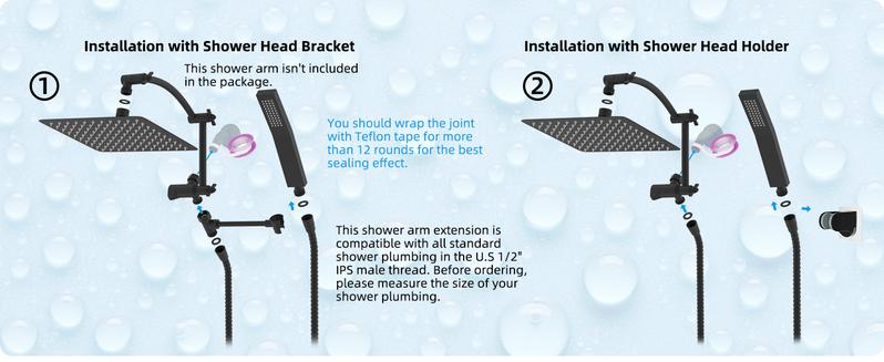 Hibbent All Metal 10'' Rainfall Shower Head, Square Shower Head Combo, High Pressure Handheld Shower Wand, 16'' Adjustable Arc-shaped Shower Extension Arm, 71'' Hose, 2 Showerhead Holders, Matte Black rain shower