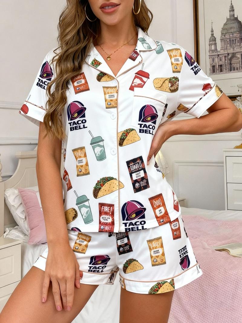 Women's 2-Piece Full-Body Snack & Beverage Print Sleepwear Set (Short Sleeve & Shorts) - Soft Comfort Top with Small Pockets, Turned-Down Collar, Button Closure, Elasticated Waistband, Suitable for Year-Round Home Wear - Button Front Shorts Pj Set