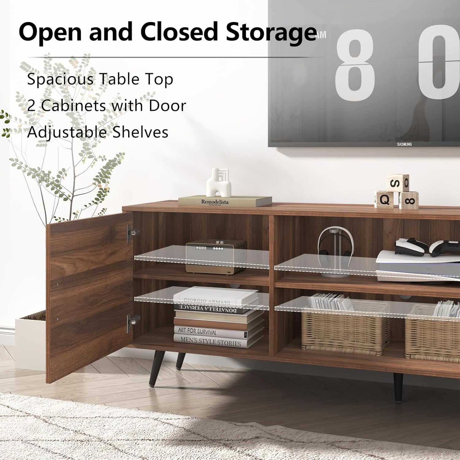 70/80 Inch Mid Century Modern TV Stand for 75 Inch TV, Wood TV Stand with Storage, Entertainment Center for Living Room Bedroom, TV Media Console, Oak/Walnut