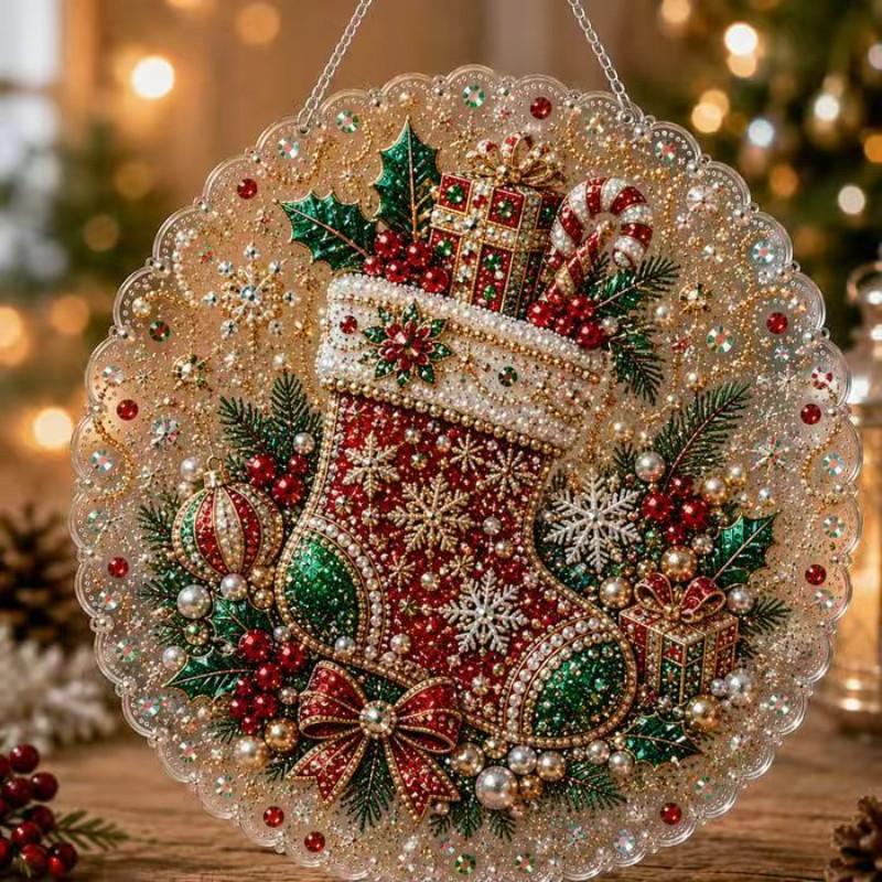 Christmas Pearl Diamond Painting Kit, Handmade, 10 Inch, Pre-Assembled Metal Chain, Acrylic Round Board with Lace Edge, 3D Pearls, Holiday Decor
