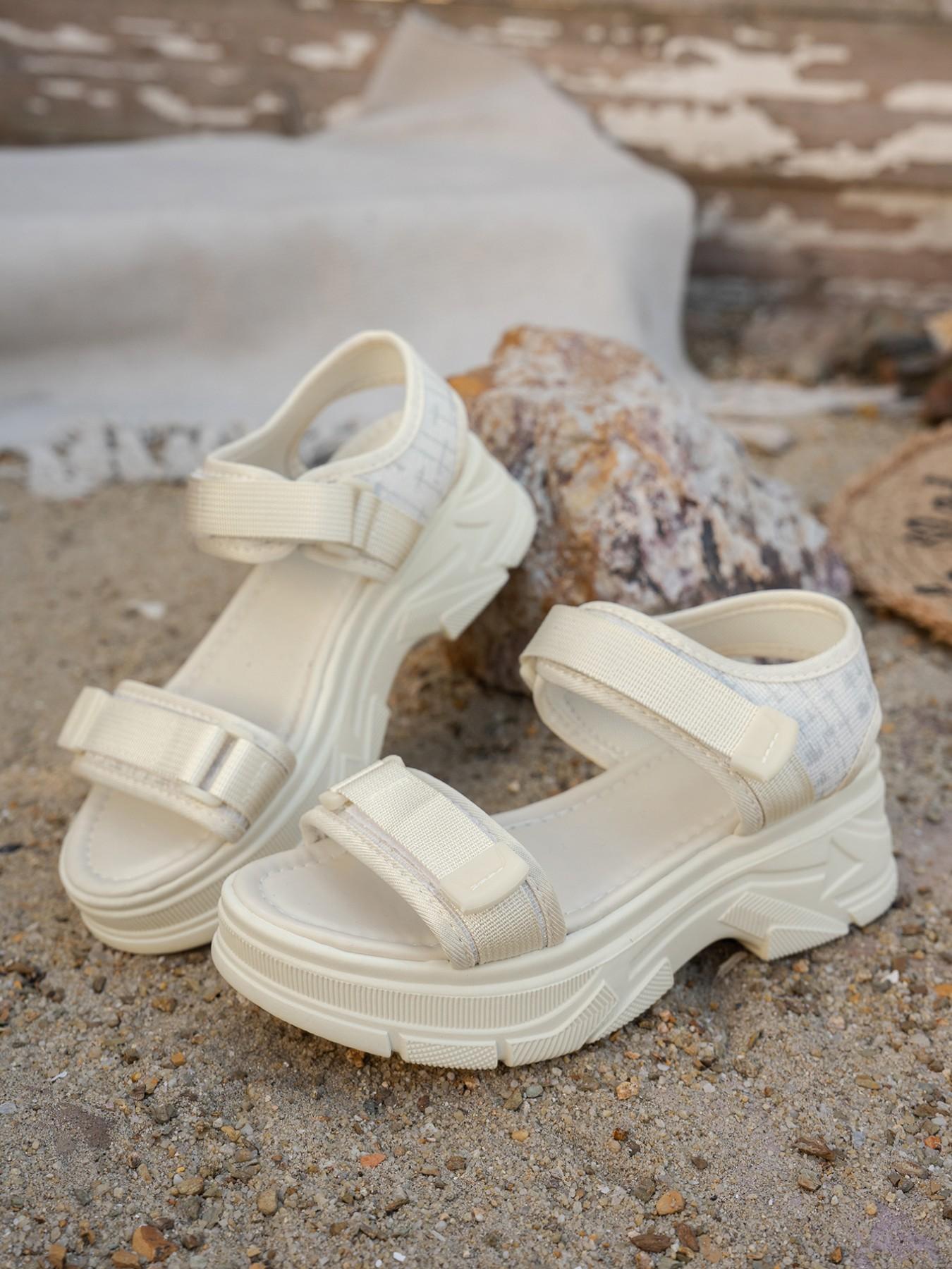 Women's Sequined Thick Sole Sandals, Velcro Platform Beach Shoes, Summer Height-Boosting Anti-Slip Dad Sneakers, Sporty Flip Flops