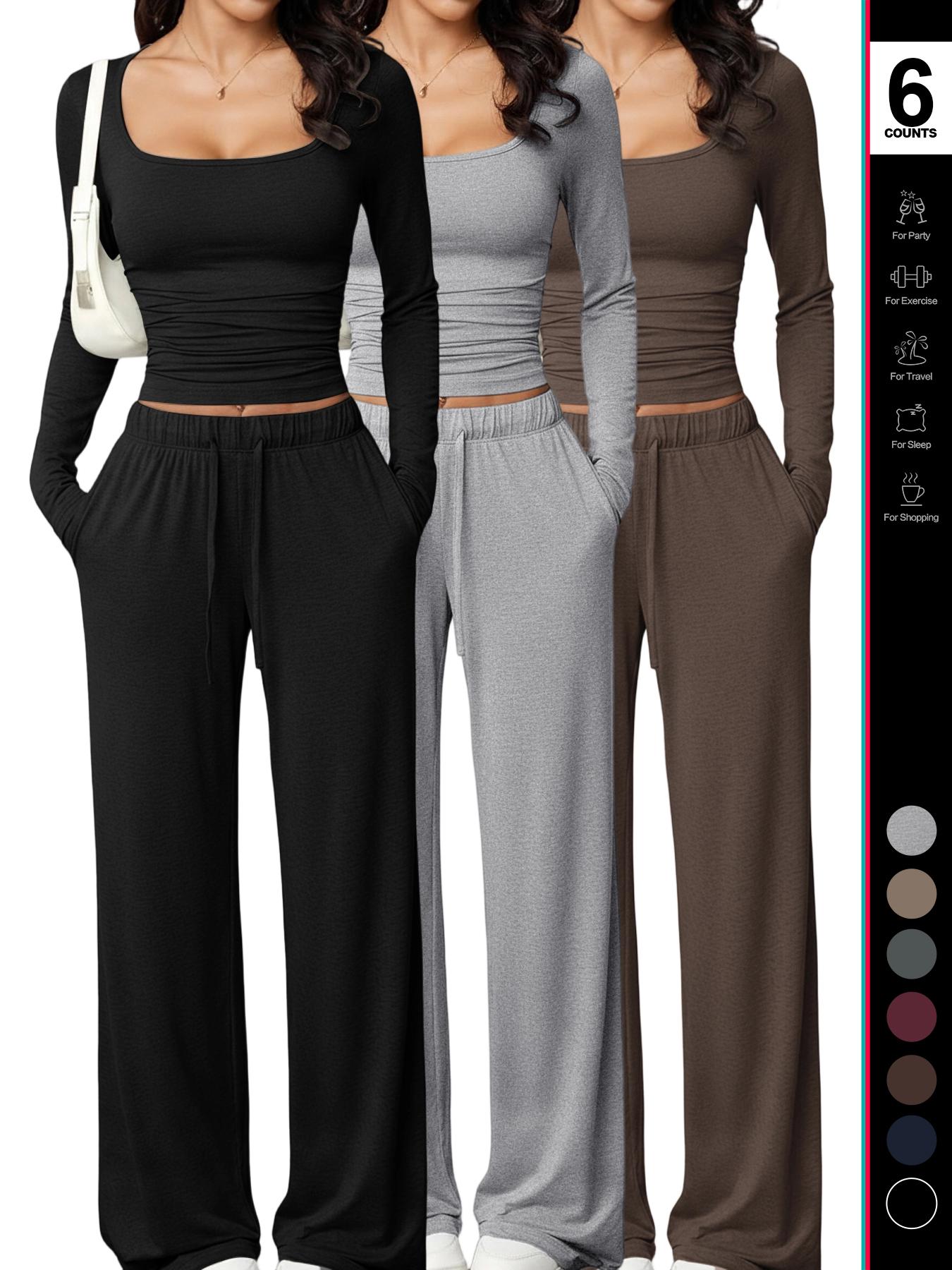Women's 2 Piece Matching Lounge Set, Square Neck Long Sleeve Crop Top, High Waisted Wide Leg Drawstring Pants with Pockets, Casual Sweatsuit