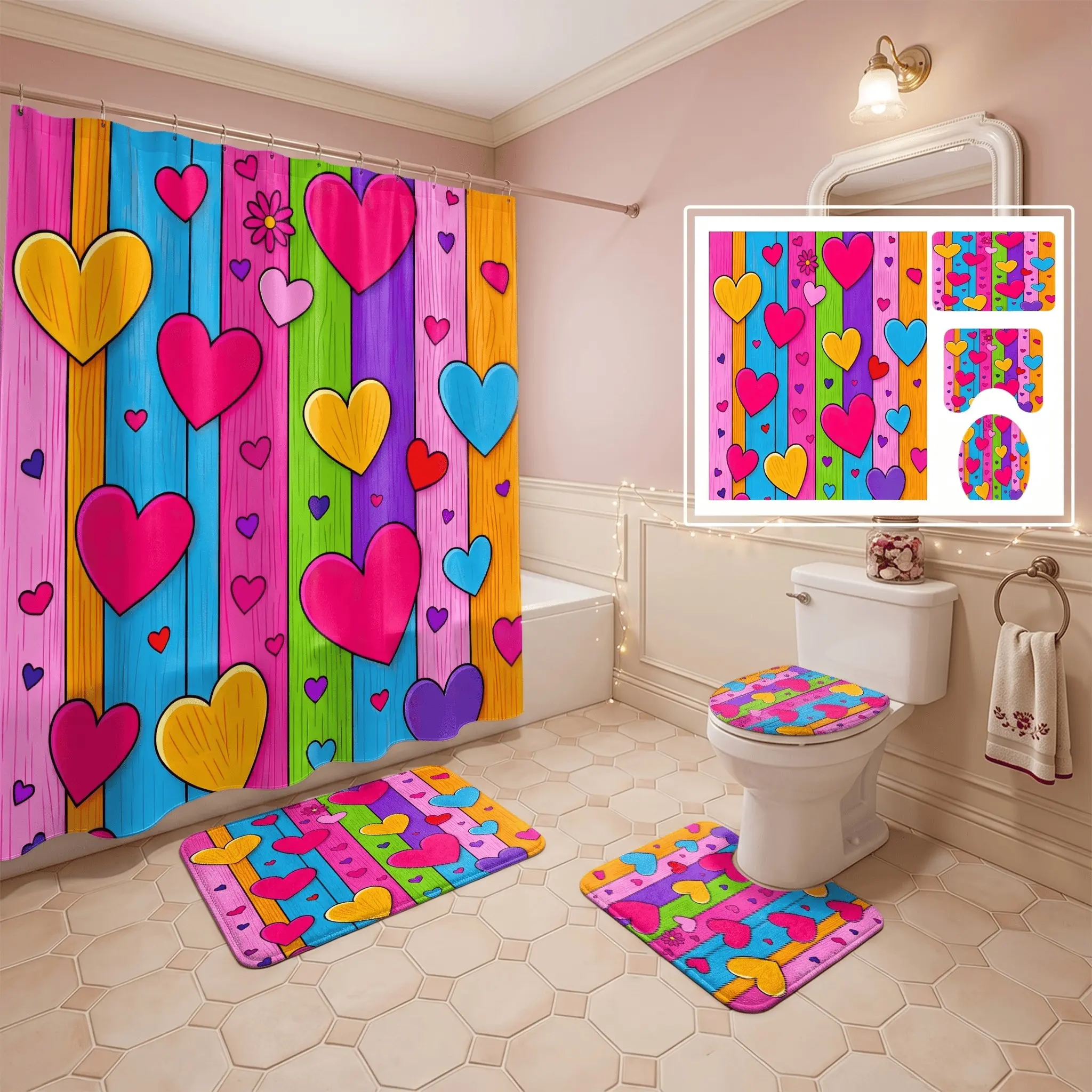 4pcs Valentine Day Romantic Heart Shower Curtain Set, 4 Piece Boho Floral Design, Non-Slip Bath Mat & Toilet Lid Cover, The floor mat fabric is thicker and softer! Holiday Bathroom Decor