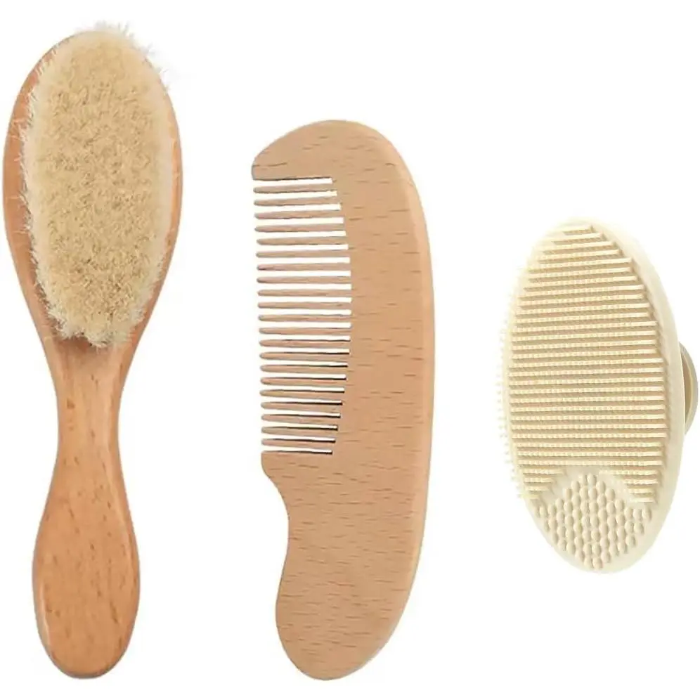 Panda Ear 3-Piece Baby Comb and Brush Set, Newborn Silicone Cradle Cap Brush, Soft Goat Hair Newborn Hairbrush, Wooden Toddler Comb Set, Unisex for Baby Boys and Girls