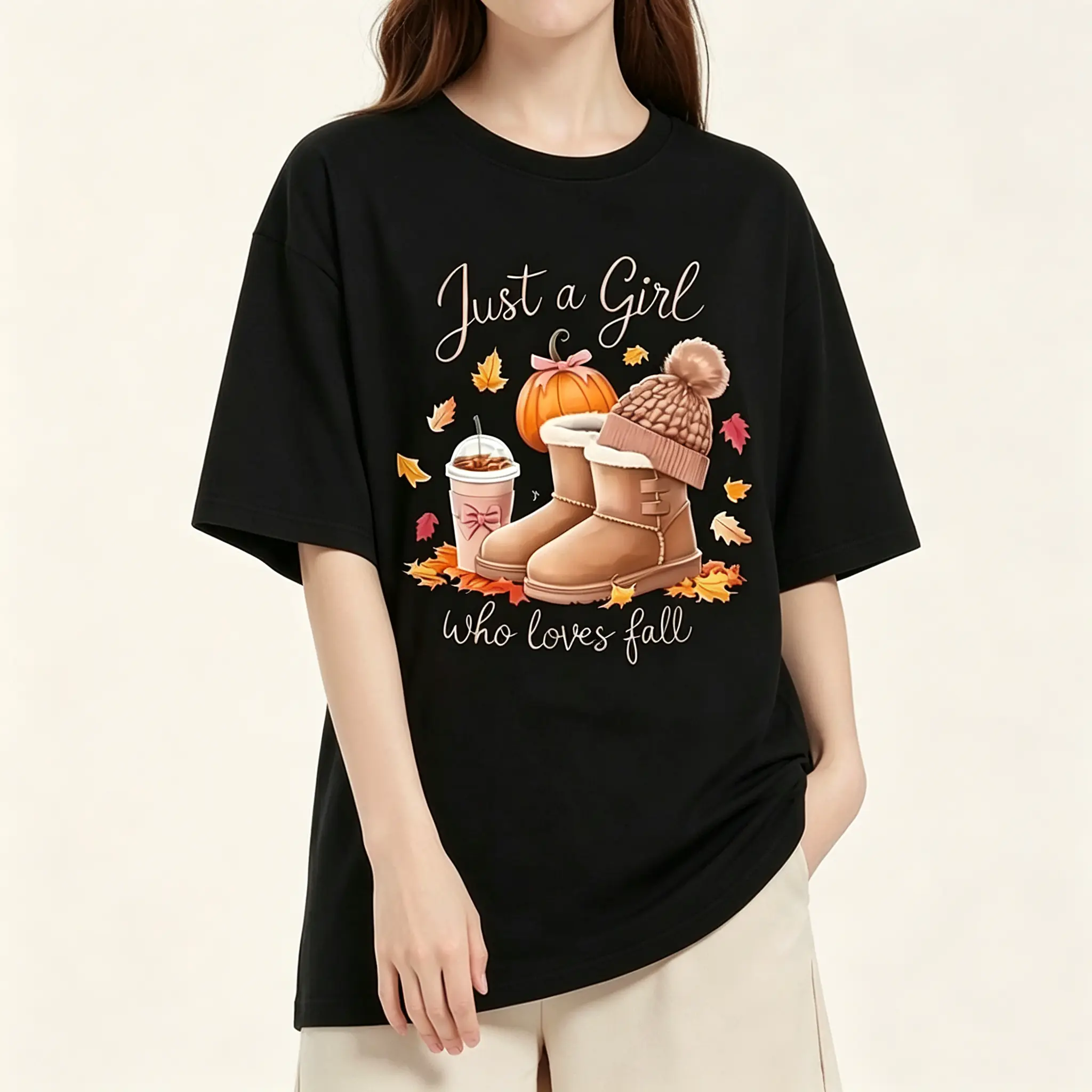 Women's Fall Graphic T-Shirt - "Just A Girl Who Loves Fall" Pumpkin Autumn Leaves Print, Breathable Moisture-Wicking Casual Tee, Ladies Seasonal Fall Top, Unisex Golf Gift T-Shirt