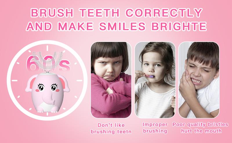 Kids Electric Toothbrush U Shaped auto brush Children Rechargeable Sonic Toothbrush Toddler baby toothbrushes kit travel toothbrush kids gift Oral Care Tools Dental Cleaner Blue Elephant (2-6 Years Old) Christmas gift