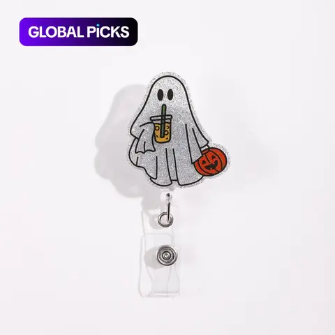 Ghost Design Badge Reel, Retractable ID Badge Holder, Silver Color Flash Powder Base, Cute Ghost Holding Drink Cup & Jack‑o'‑Lantern Design, Halloween Festival, Office Supplies Lanyard Clip, Badge Reels Retractable #GLOBAL PICKS