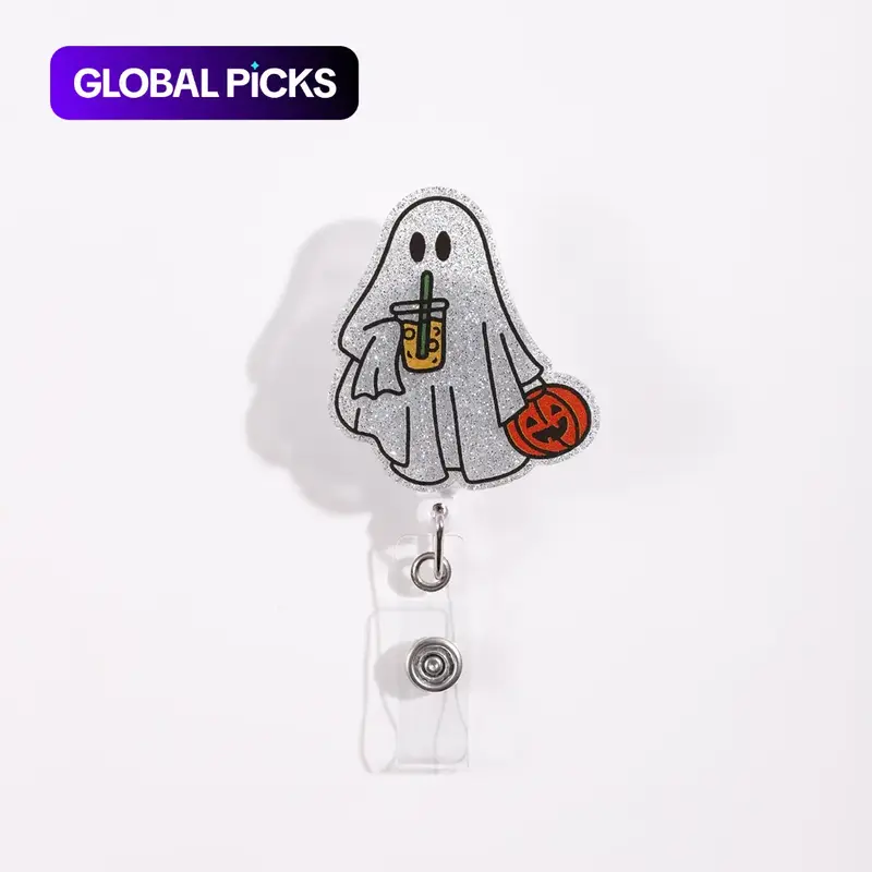 Ghost Design Badge Reel, Retractable ID Badge Holder, Silver Color Flash Powder Base, Cute Ghost Holding Drink Cup & Jack‑o'‑Lantern Design, Halloween Festival, Office Supplies Lanyard Clip, Badge Reels Retractable #GLOBAL PICKS