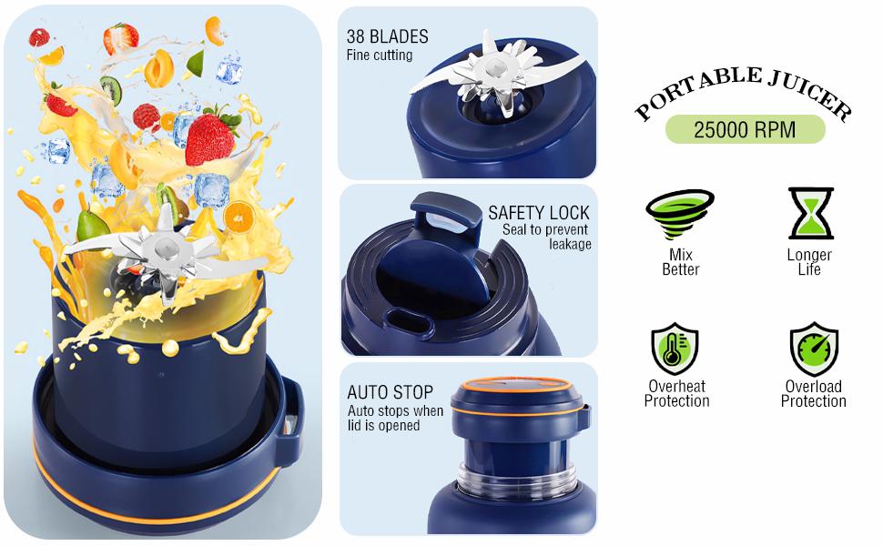 Portable Household Appliances Juicer 40.5oz,USB Rechargeable Juice Blender Cup,Multifunctional juicermachine machines with 34 Blades for Smoothies Liquid Diet,Summer Essentials Smoothieblender