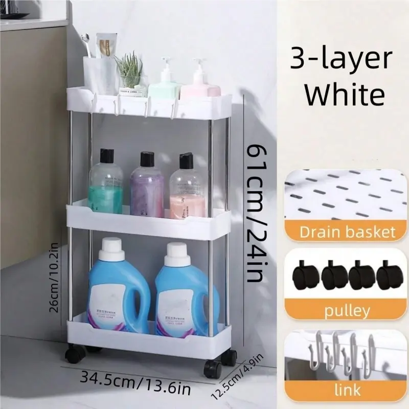 Maximize Tight Space Slim 3-Tier Rolling Storage Cart Smooth Silent Wheels Sturdy Metal Poles Multi Scene Narrow Gap Organizer Bathroom Organizer Rack For Laundry Bathroom Kitchen