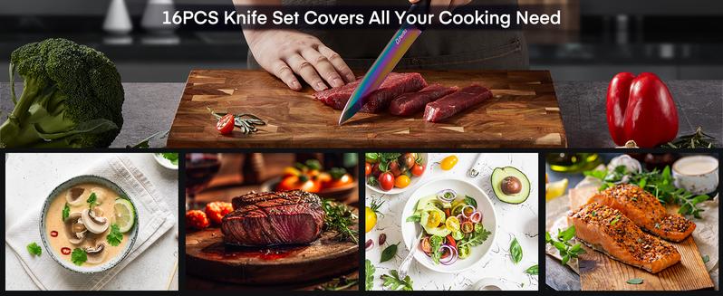 Knife Set, D.Perlla 16 Pieces Black Kitchen Knife Set with Acrylic Stand, High Carbon Stainless Steel, BO Oxidation Knife Block Set, No Rust, Non Slip Handle, Sharp Knife