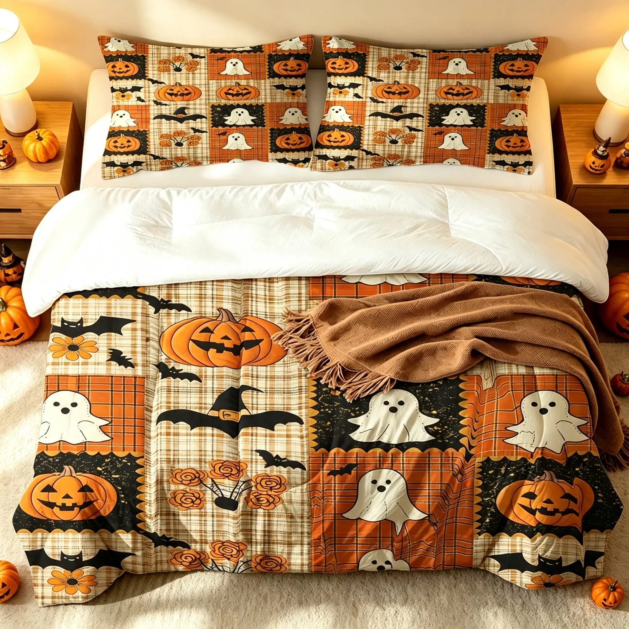 Vintage Halloween Patchwork Comforter Set, Cute Pumpkin Ghost Bat Print, Soft Quilt with Pillowcase, All Season Bedroom Decor, Halloween Gift