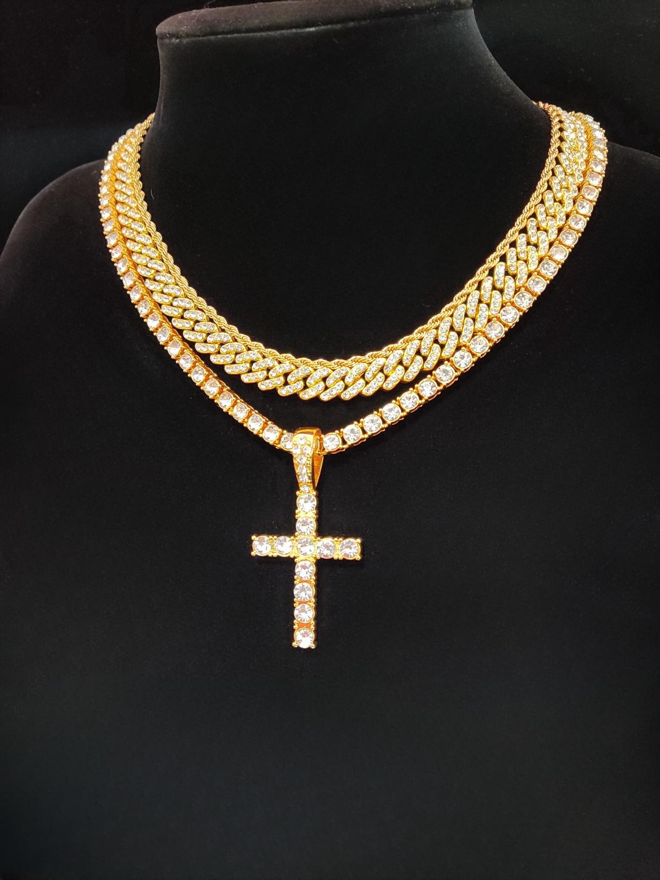 Summer Rhinestone Decor Cuban Link Chain Necklace & Cross Charm Necklace for Men & Women, Punk Style Exquisite Trendy Hip Hop Iced Out Jewelry As Gift