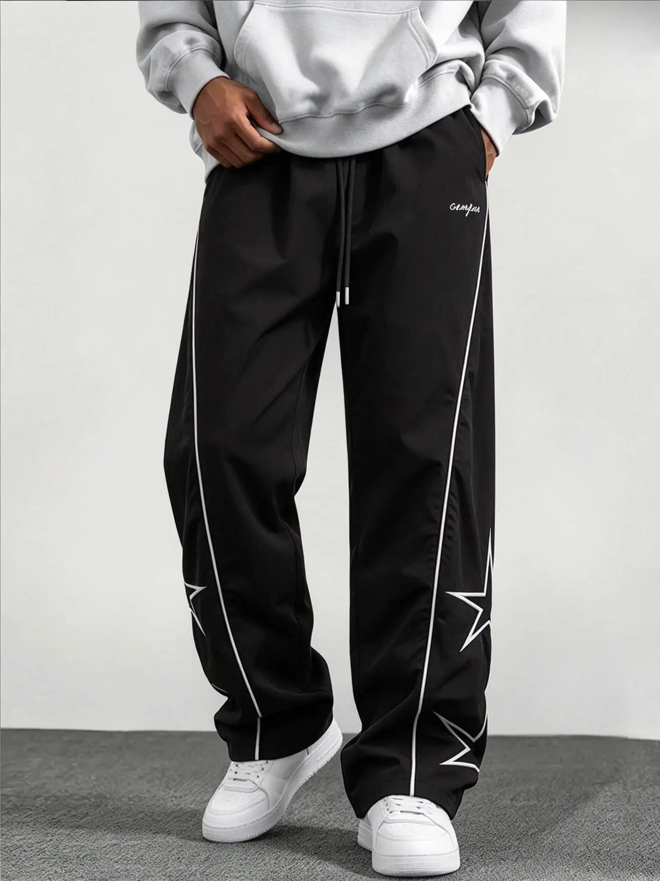 1 piece of men's fashionable autumn and winter new hip-hop street side visible thread five pointed star embroidery elastic drawstring waist pants suitable for playing ball, shopping, parties, photography, trendy and sports
