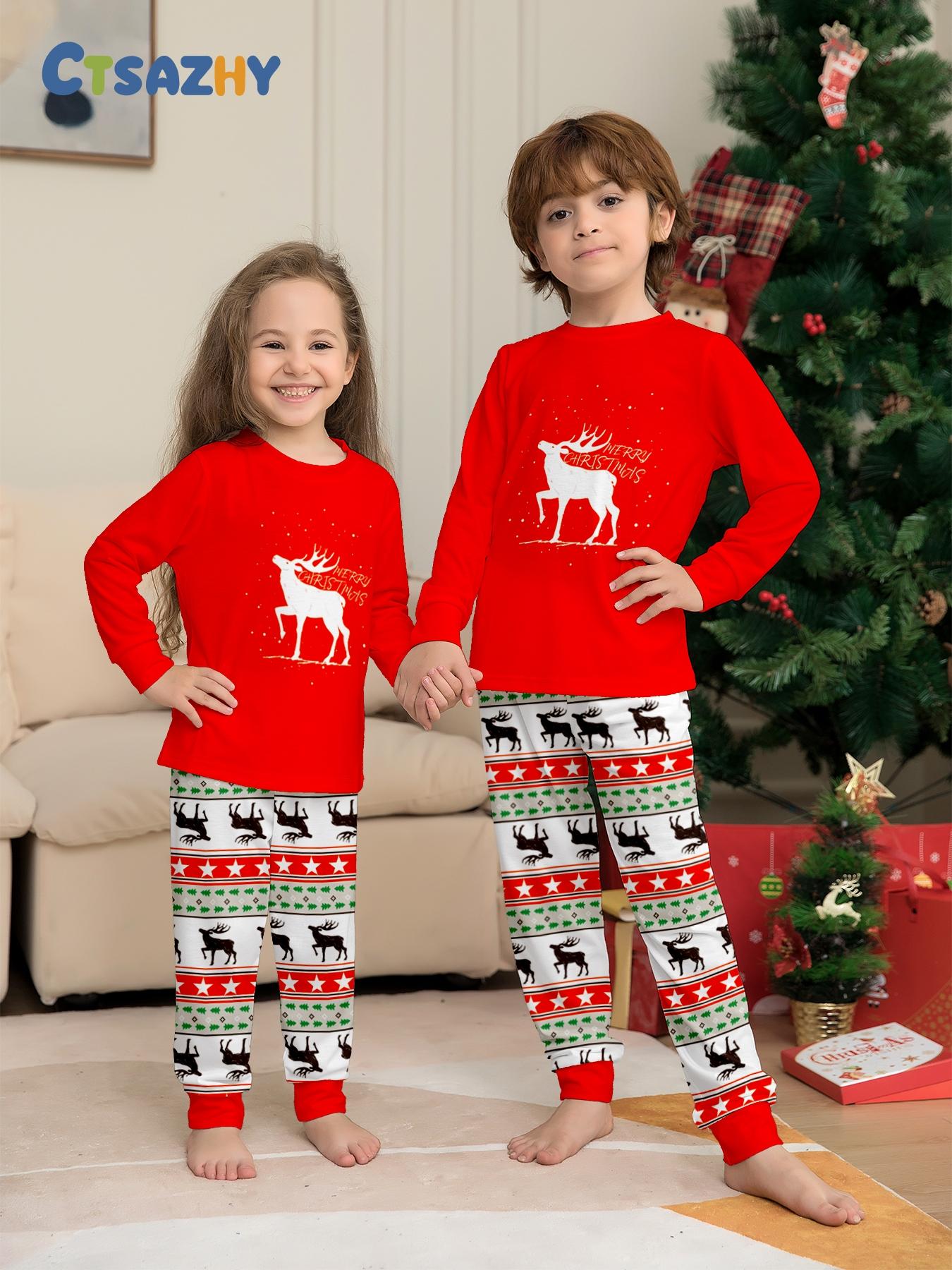 Christmas Bottom Deer Pajamas Set, Merry Christmas Print, Soft Elastic Fabric, Fitted Style, Family Matching, Fall & Winter