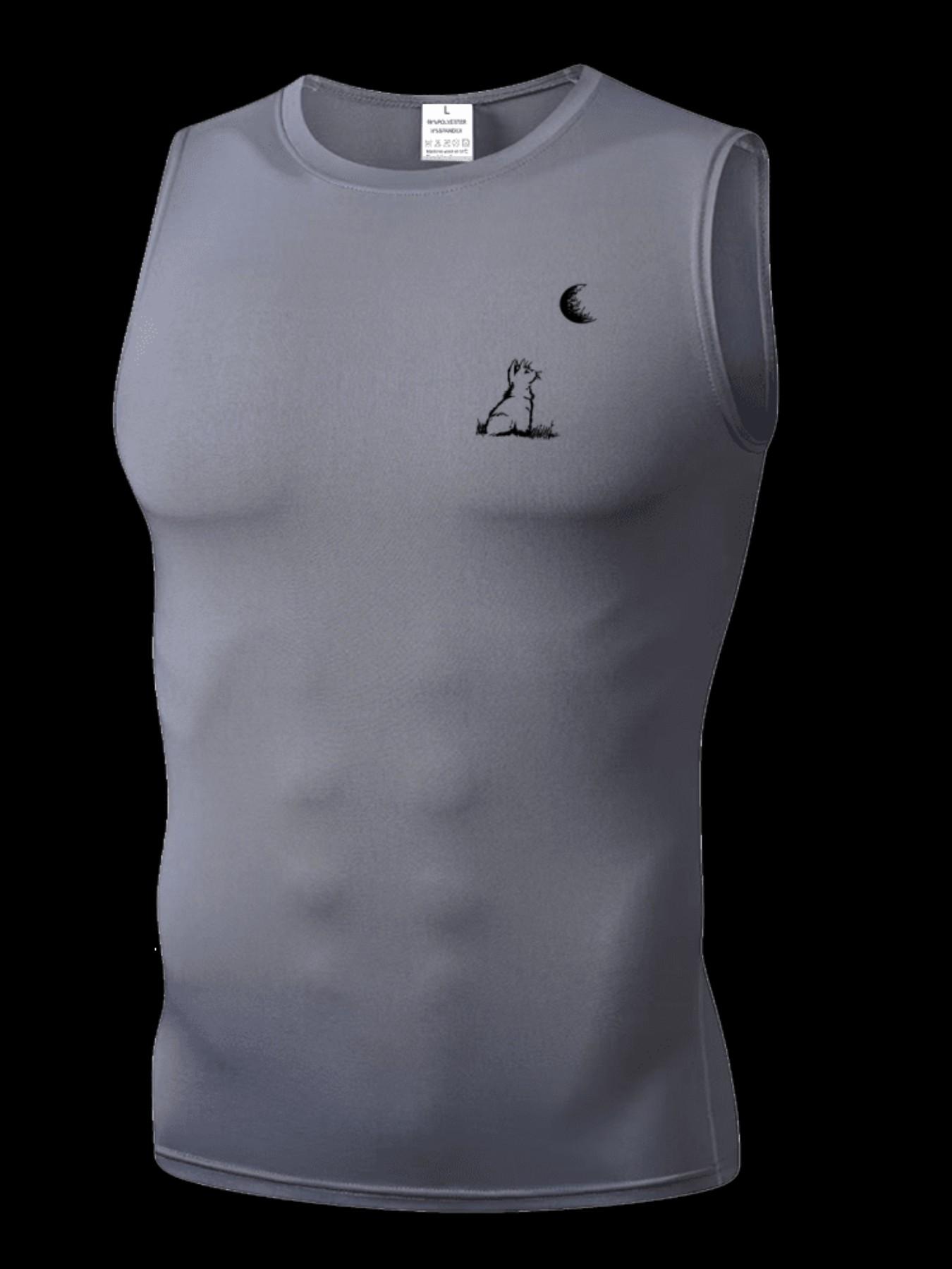 Men's Short Sleeve Sporty Tee, Quick-Dry Breathable Slim Fit, Cat Moon Print, Ideal for Gym, Running, Boxing, Outdoor Activities