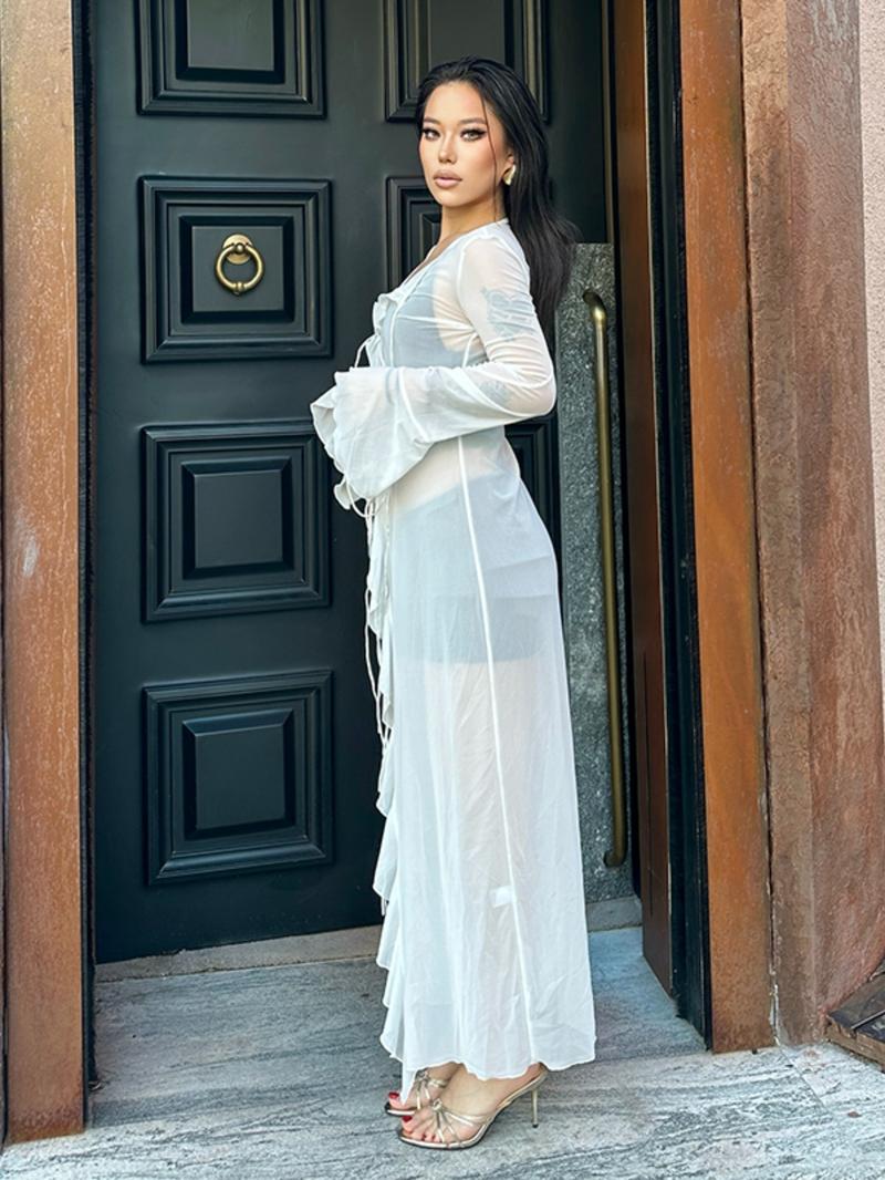 Women's Solid Sheer Ruffle Trim Tie Front Long Mesh Cardigan Coat, Long Sleeve Open Front Outerwear for Spring & Fall, Ladies Clothes for Party Holiday