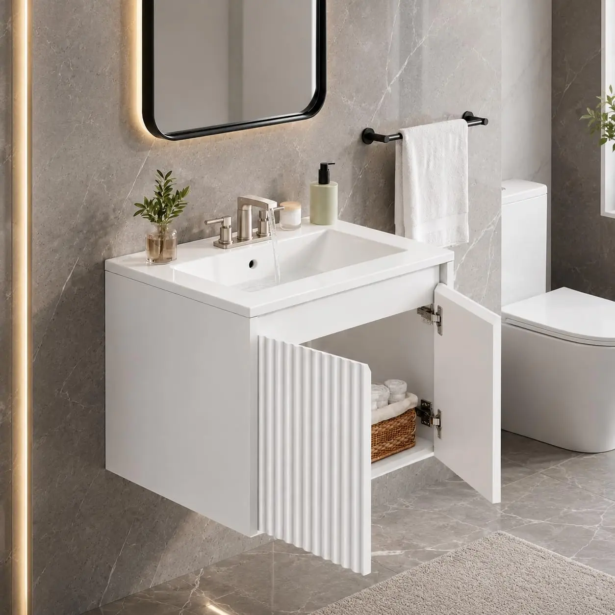 24 Inch Modern Floating Bathroom Vanity with White Ceramic Sink, Wall Mounted Double Door Design, Waterproof PVC and Melamine Construction, Sleek Space-Saving Cabinet in White or Black Finish