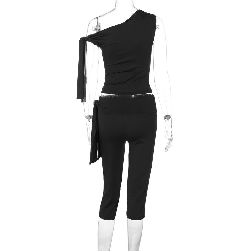 Solid Slanted Neck Lacing Design Sleeveless Top & High Waist Cropped Pants Two-Piece Set Women 2025 Summer New Casual Sexy with Ribbon Elegant Party Club Clothing Outfits