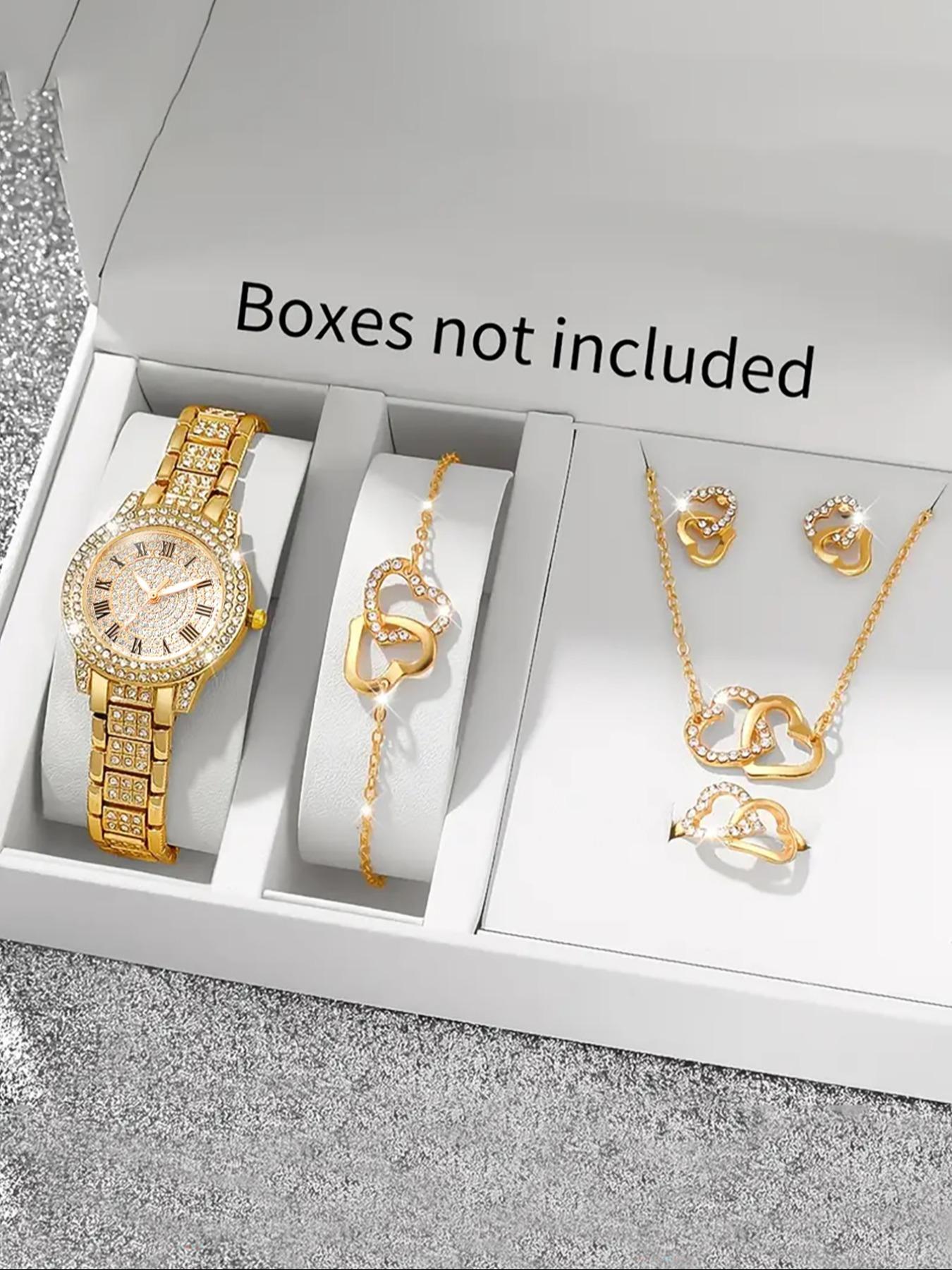 Women's Elegant Fashion Watch & Jewelry Set, Round Dial Analog Quartz Watch & Bracelet & Necklace & Ring & Earrings, Exquisite Watch Set with Box, Fashionable Jewelry Set