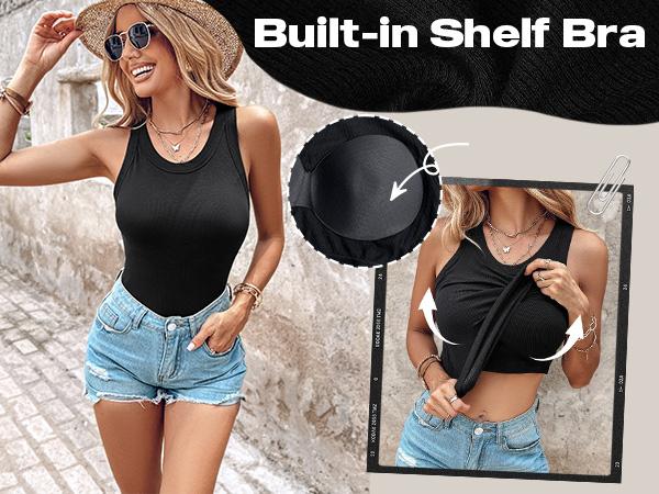 ChicMe Built-in Bra Tank Top Ribbed Racerback Tops Women Going Out Tops Everyday Basic Tanks Padded Tops