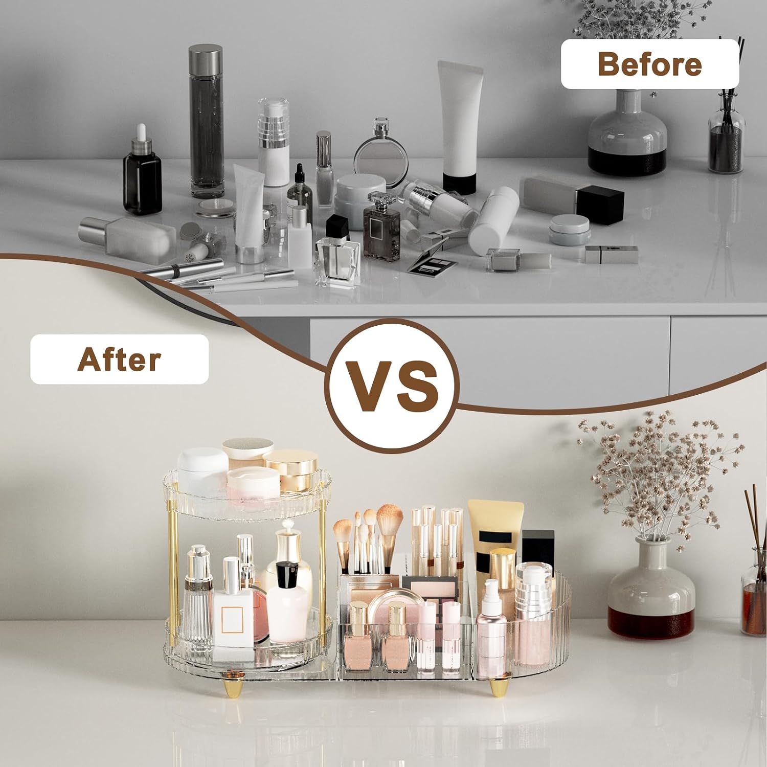 Makeup Organizer Countertop for , Rotating Perfume Tray with 5-compartment  and Skincare Organizers, Multi-Purpose Desk Storage Makeup Brush Holder for Bathroom Bedroom Counter