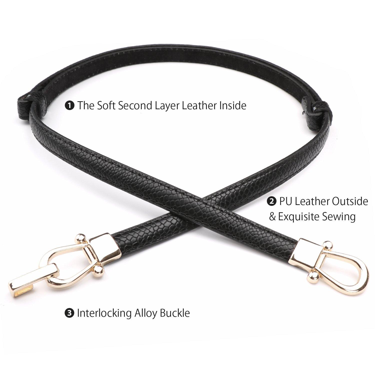 JASGOOD Women Leather Skinny Belt Thin Waist Belts for Dresses up to 37 Inches 2 Pack with Golden Buckle