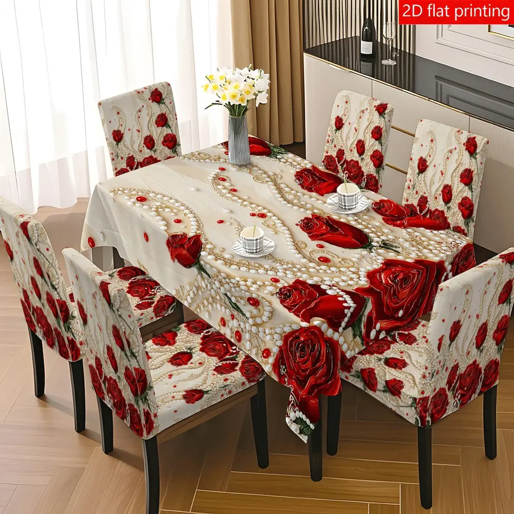 5/7PCS autumn and winter pearl red rose tablecloth chair cover set, Dining room chair covers 140*210cm tablecloth, easy to disassemble and wash, suitable for autumn home/kitchen decoration, camping, weddings, rooms, hotels