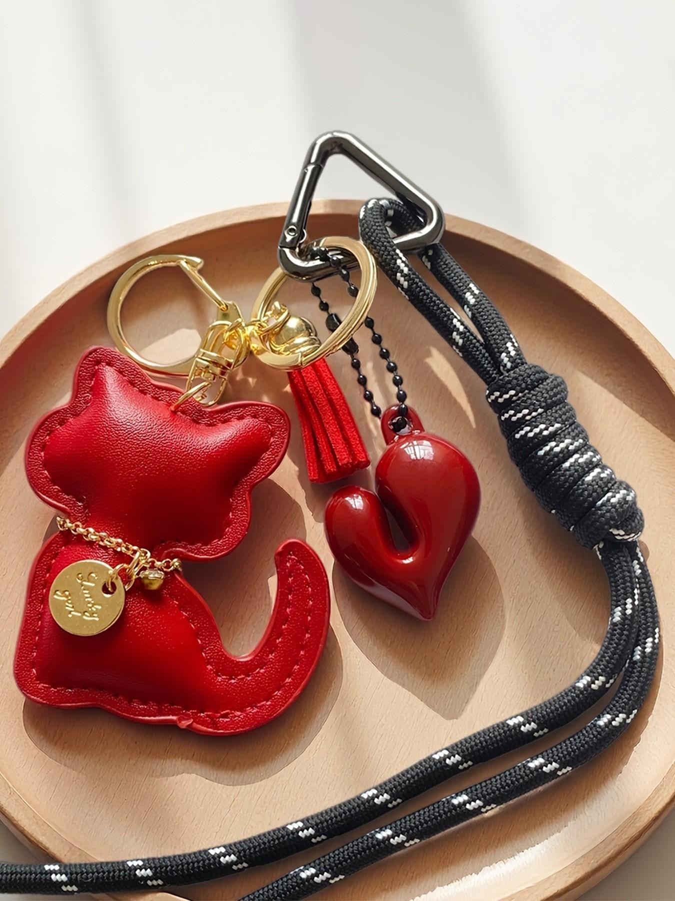 PU Leather Heart Cat Bag Charm, Triangular Spring Clip Design, Creative Keychain for Women, Handbag Backpack Accessory, Car Key Decor