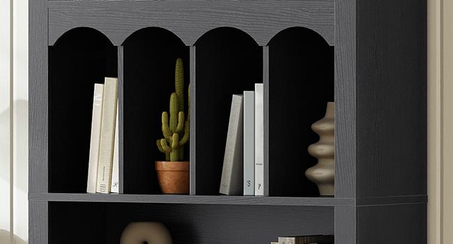 HOOBRO Arched Bookshelf, 71" Tall Arch Bookcase with Storage, 5-Tier Farmhouse Book Shelf, Modern Arched Cabinet, Wooden Bookshelf with Open Display, Wooden Shelves for Living Room, Office, Black Stable Structure