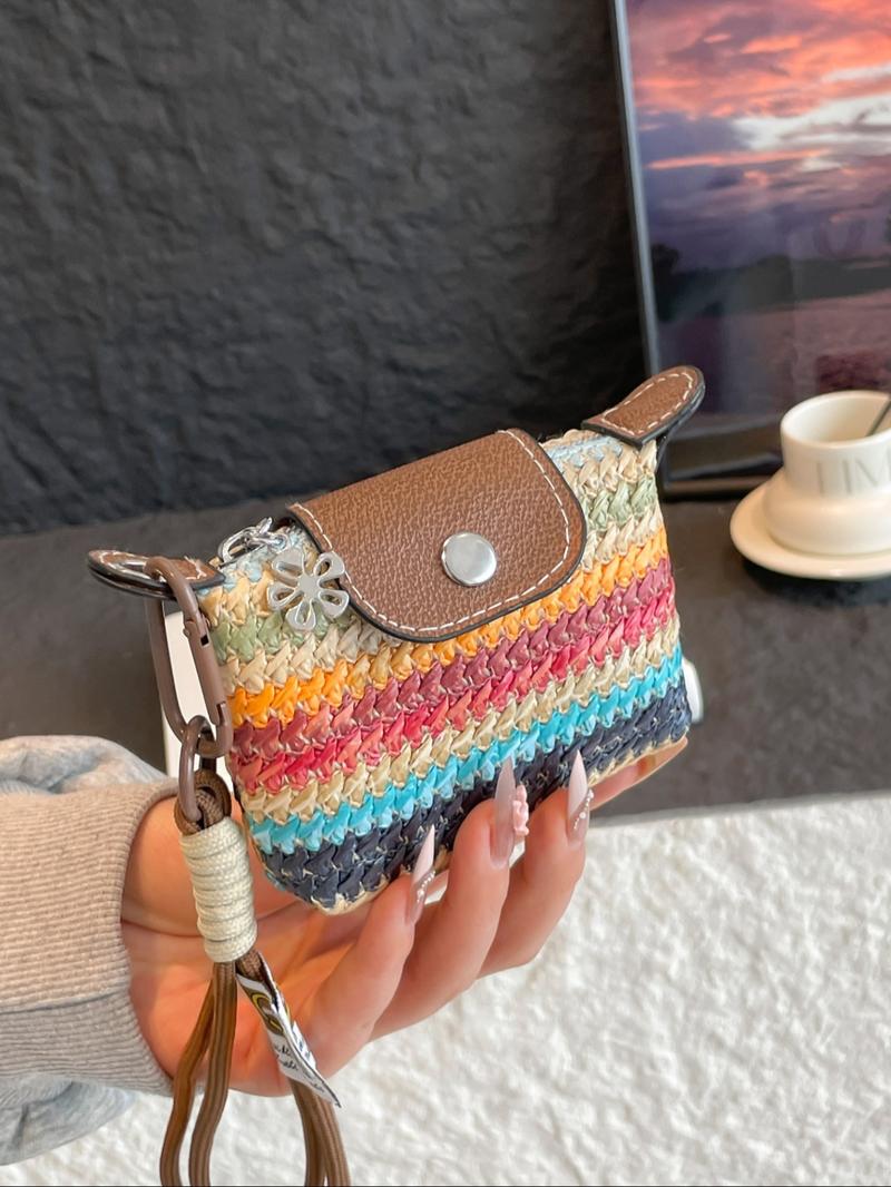 Women's Mini Casual Trendy Wallet with Detachable Nylon Wristband, Colorful Braided Design, Zipper Closure, Decorative Bag, Christmas Gift for Young Girls