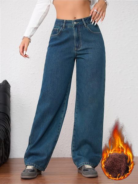 Women's Vintage Fashion Fleece-Lined Thickened Winter Warm Wide Leg Straight Jeans Pants, Elegant Plain Style for Fall & Winter