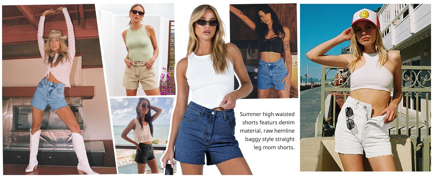 Flowyair Womens Jean Shorts High Waisted Straight Leg Stretchy Raw Hem Mom Denim Shorts Womenswear Bottom Trouser Basic Minimalist