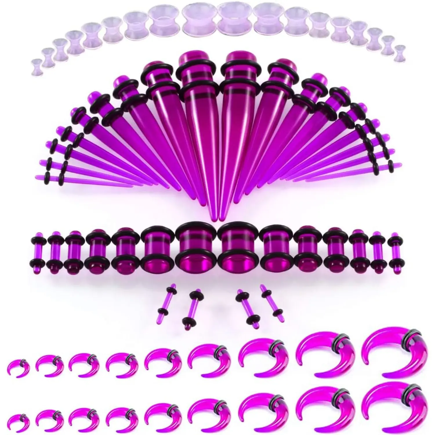 72-Pcs Unisex Ear Stretching Gauges Expander Kit - Acrylic Silicone Crescent Spiral Buffalo Taper Plug Tunnel Set, Casual Daily Use Flexible Easy-On Multi-Size Body Piercing Jewelry, Tapered Plugs