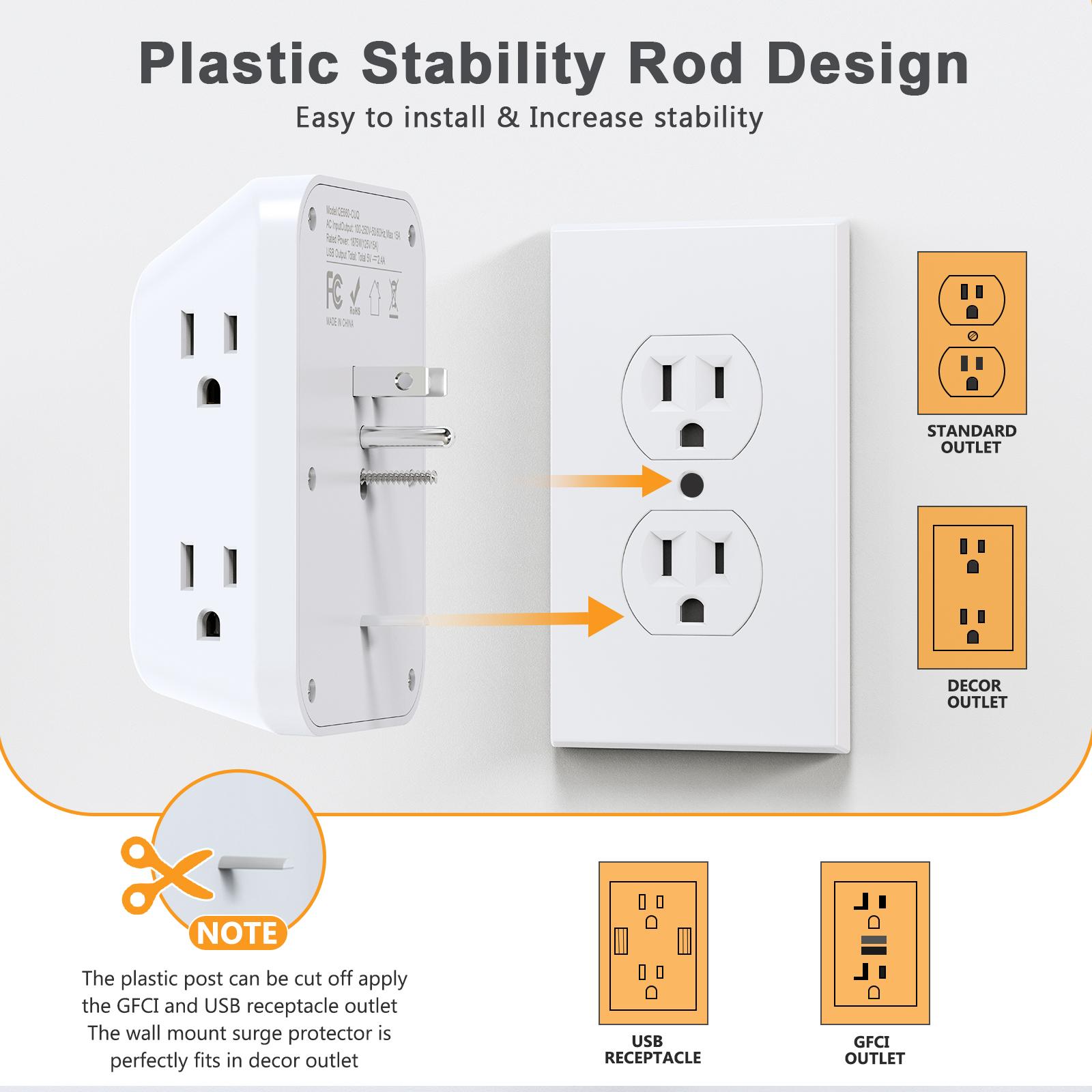 Multi Plug Outlet Extender Surge Protector with Night Light, 6 Outlet 4 USB(2A2C) Wall Adapter,  4 Sided Design, Touch Control 3 Level Night Light, 1050J Surge Protection for Home Travel