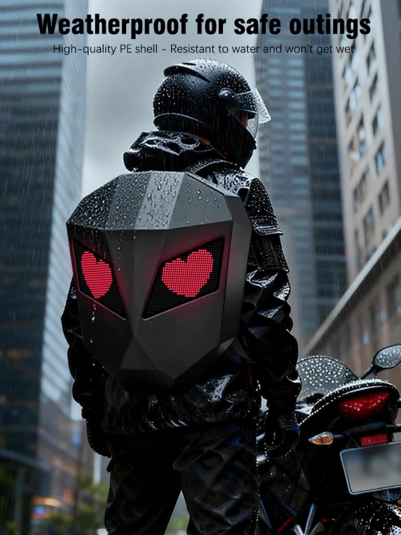 LED Motorcycle Backpack with Programmable Rider Eye and RGB Lighting, USB APP Control, Expandable Storage, Durable Design