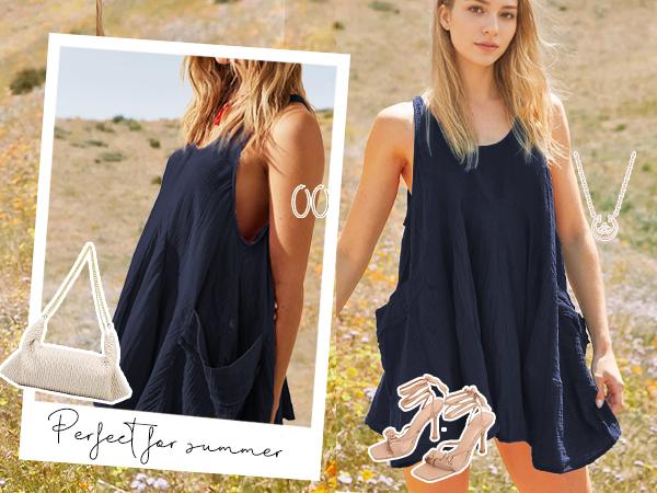 Women Casual Summer Dresses Sleeveless Crew Neck Backless Tunic Mini Dress Loose Flowy Tank Sundress with Pockets Boho Ruched Cut Womenswear