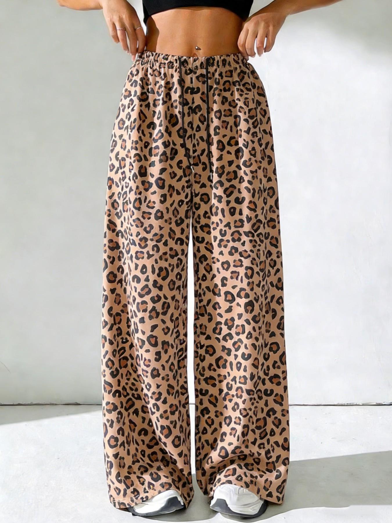 Women's Leopard Print Loose Long Pants, Casual Fashion, Drawstring Waist, All Seasons, Wide Leg, Perfect for Spring Summer Fall, Casual Lounge Pants