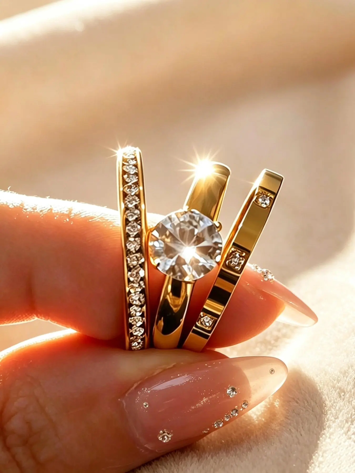 3-Piece Elegant Women's Wedding Ring Set, Stainless Steel, Waterproof, Low Allergy, Stackable Engagement Rings, Bridal Ring, Perfect Gift