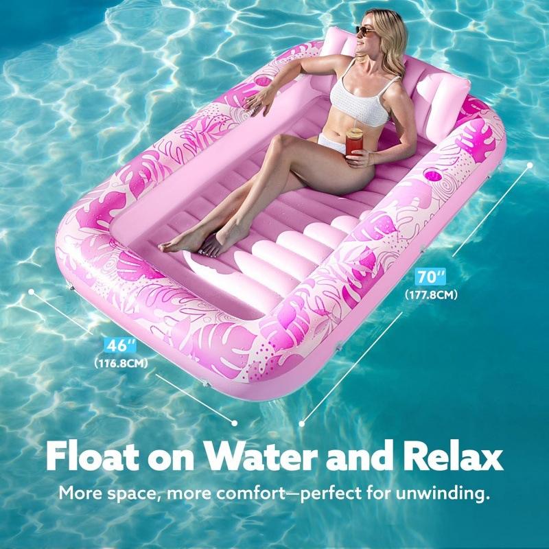Inflatable Sun Lounger Float Ring with Cup Holder, 70x46 Inch Extra Large Adult Float with Pillow, 4-In-1 Pool Float, Party Gift