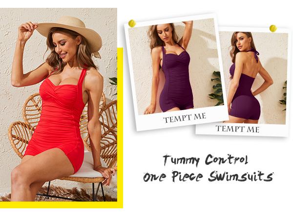 Tempt Me Women Tummy Control One Piece Swimsuits with Shorts Boyleg Retro Bathing Suit Halter Swimwear