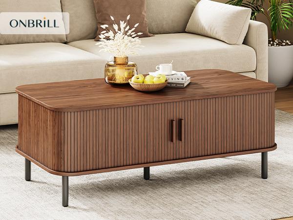 【SPOTLIGHT DAY】ONBRILL Fluted Coffee Table with Storage, 47.2" Mid Century Modern Coffee Tables for Living Room, Rectangle Wood Center Table with Sliding Tambour Door & Adjustable Leg for Living Room,Bedroom Furniture